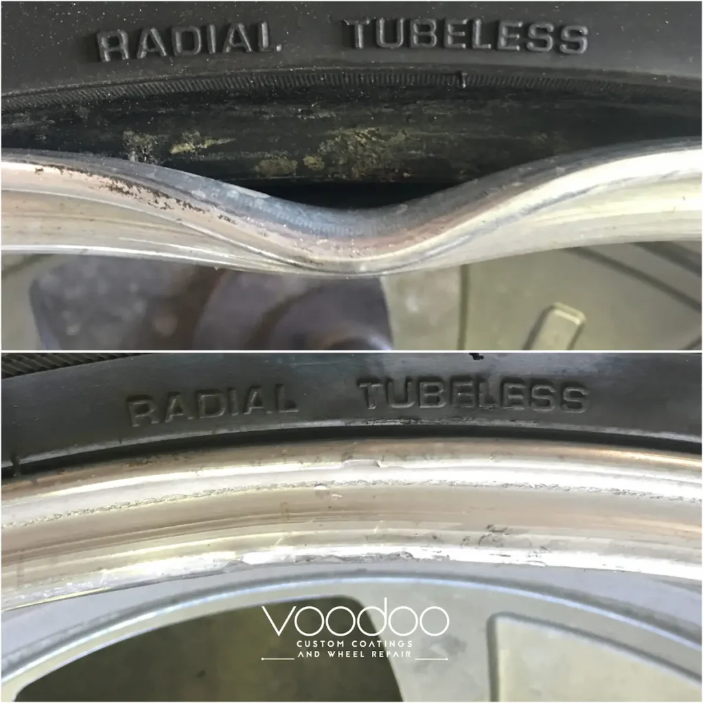 Before and after bent rim repaired in Mobile, AL