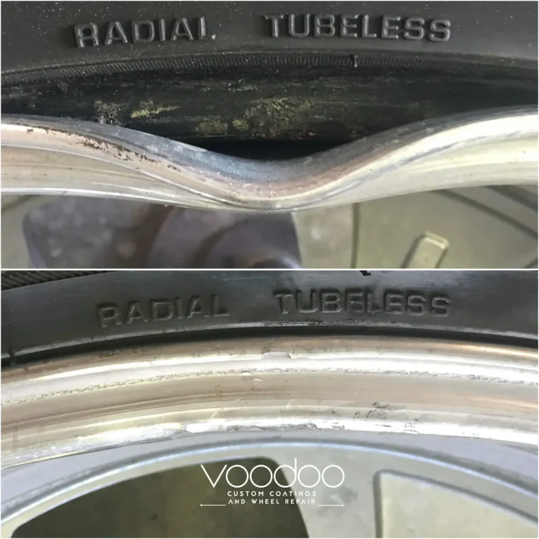 Before and after bent rim repaired in Mobile, AL