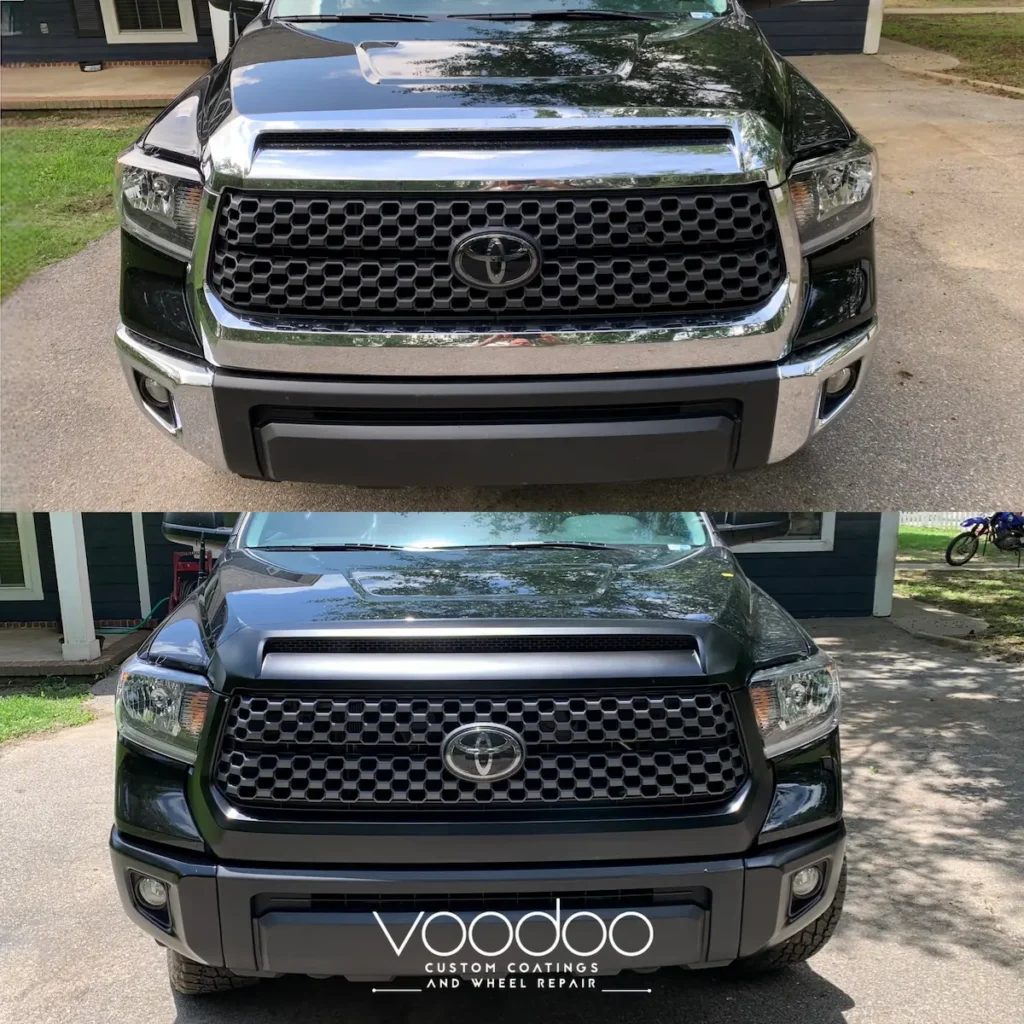 Before and after chrome delete and trim blackout on a Toyota Tundra in Mobile, AL