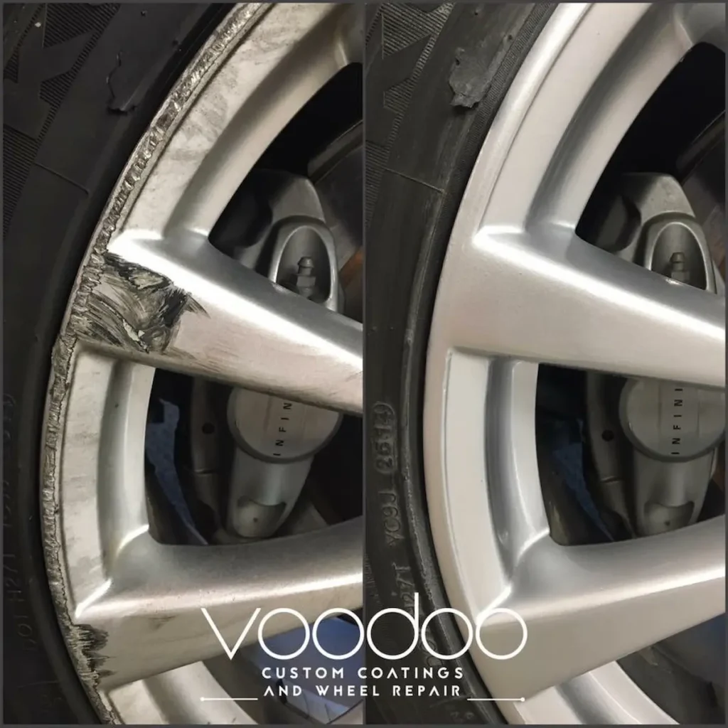Before and after curb rash repair on a silver alloy wheel