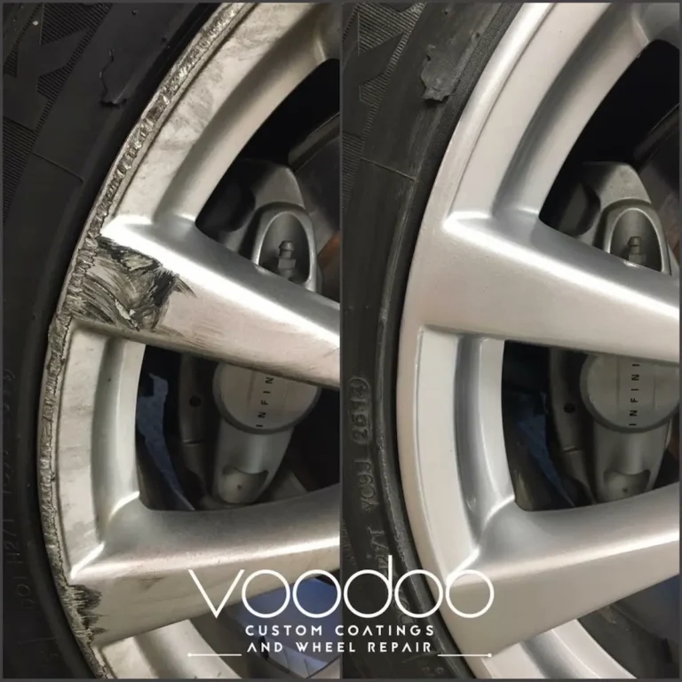 Before and after curb rash repair on a silver alloy wheel