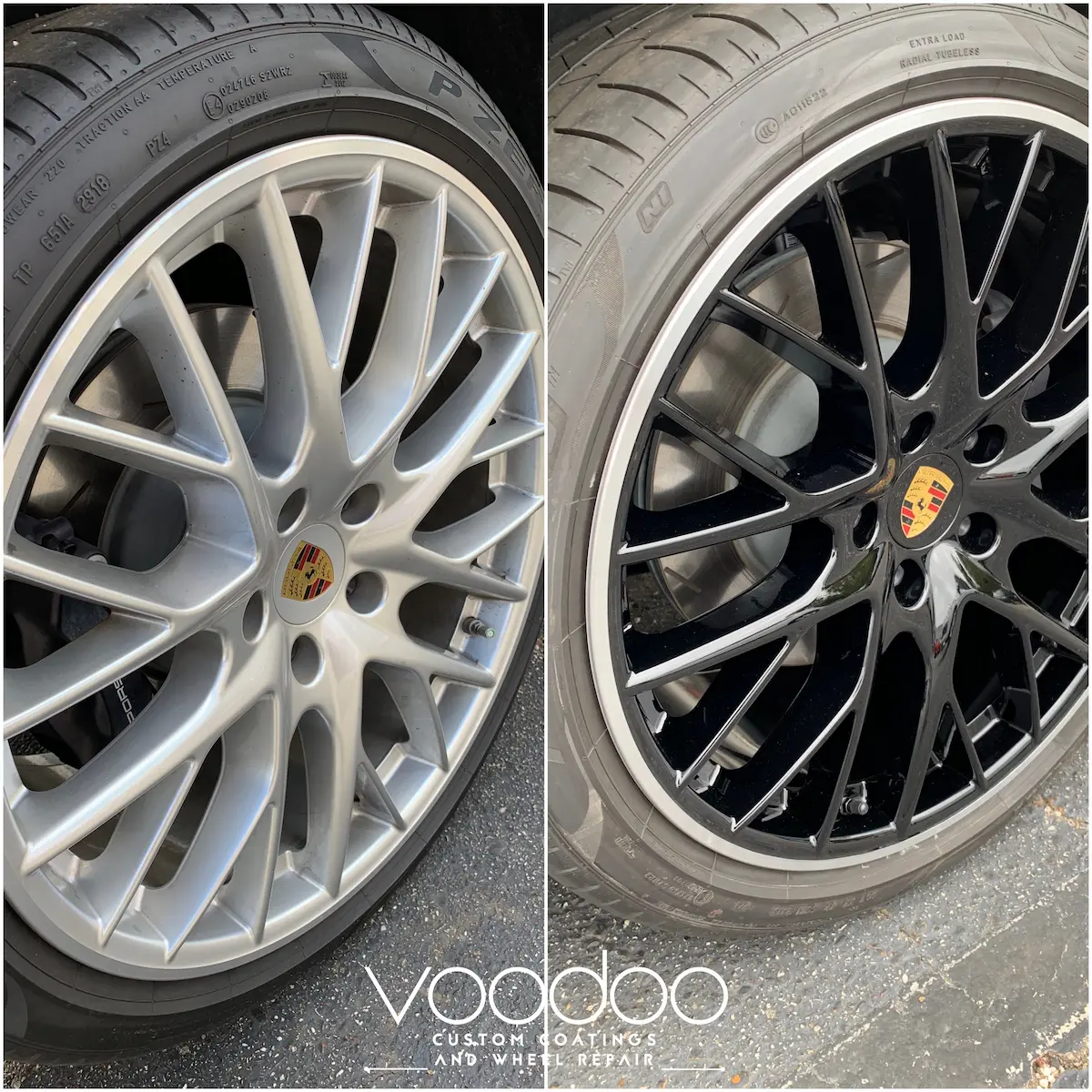 Before and after Porsche alloy wheel custom painted black and silver in Mobile, AL